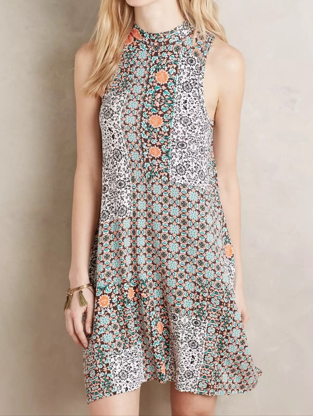Anthropologie Maeve Lilt Swing Dress Patchwork Floral Mock Neck Pockets Size M